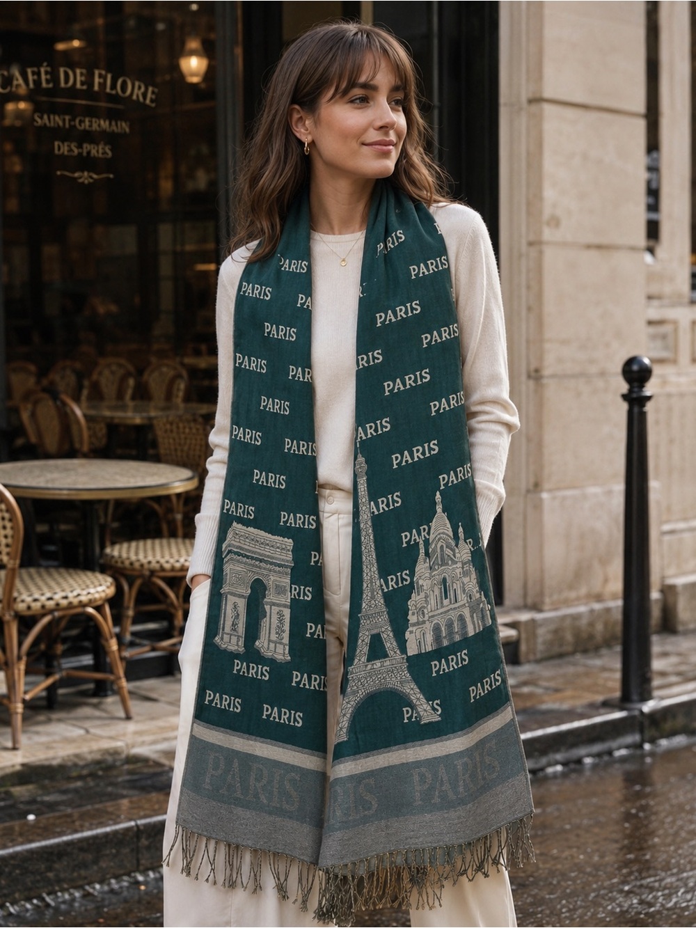 Paris Eiffel Tower Scarf Wrap Shawl Gray Teal Fringe Lightweight Travel Souvenir